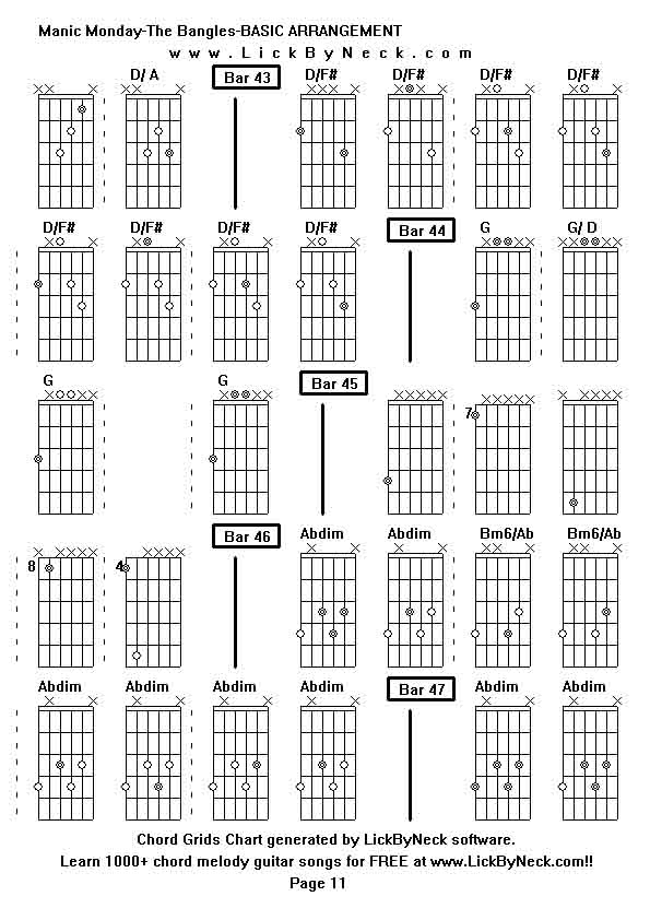 Chord Grids Chart of chord melody fingerstyle guitar song-Manic Monday-The Bangles-BASIC ARRANGEMENT,generated by LickByNeck software.